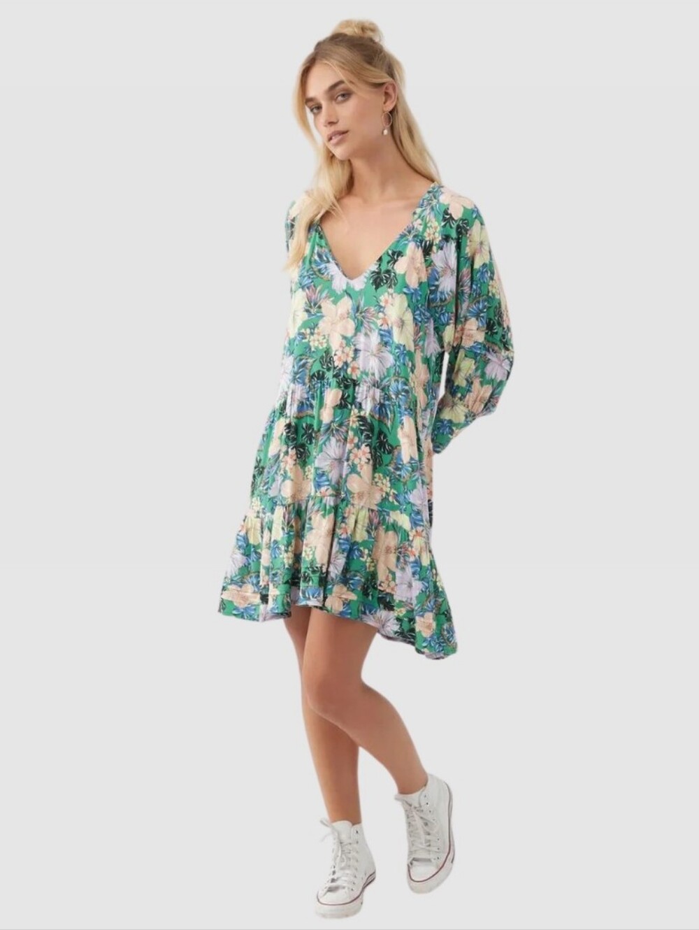 O'Neill Green Floral V-Neck Dress Size Medium
